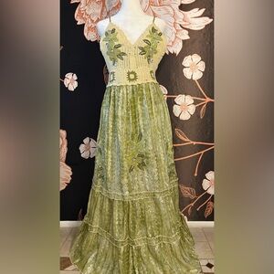Boho Crochet-Bodice Tiered Maxi Dress with Embroidered Detailing & Gold Accents